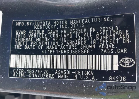 2012 Toyota Camry Se from USA, damaged, VIN 4T1BF1FK6CU569966